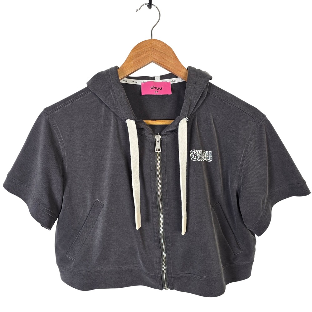 CHUU Womens Grey Short Sleeve Cropped Zip Up Hoodie Size‎ 00 XS Relaxed